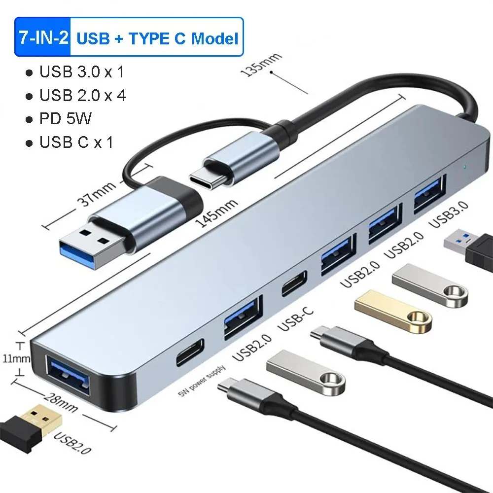 USB C Hub USB Hub 3.0, Aluminum 7 in 1 USB Extender, USB Splitter with 1 X USB 3.0, 4 X USB 2.0 and 2 X USB C Ports USB C Hub USB Hub 3.0, Aluminum 7 in 1 USB Extender, USB Splitter with 1 X USB 3.0, 4 X USB 2.0 and 2 X USB C Ports